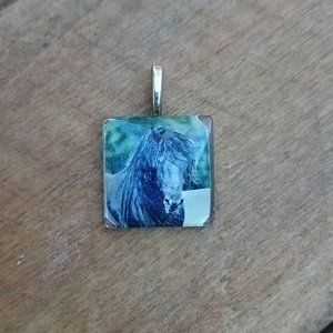 Hand Crafted Glass Tile Friesian Horse Pendant Gift Equestrian Dressage